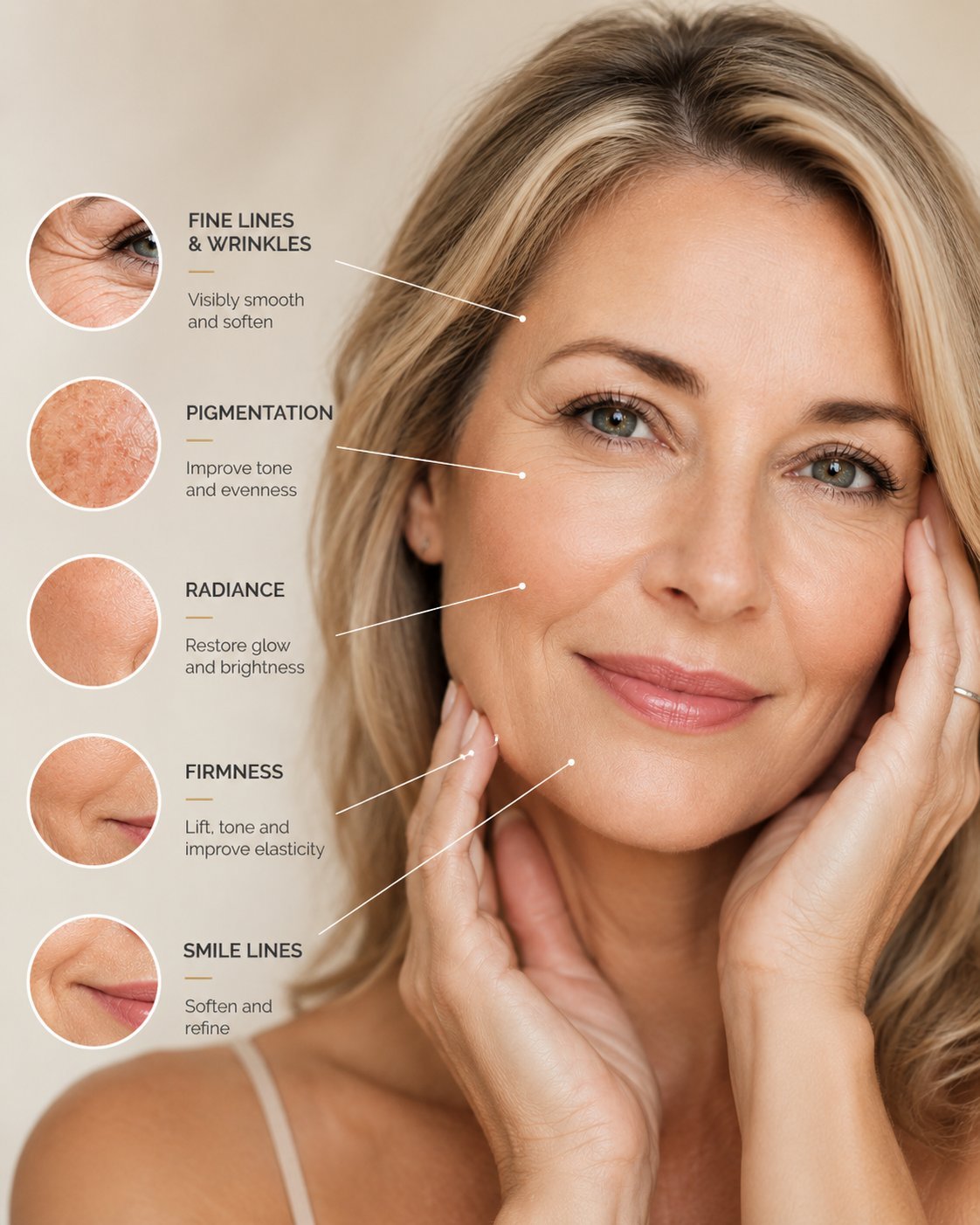 Womans face showing skincare treatment benefits with labeled callouts for fine lines, pigmentation, radiance, firmness, and smile lines